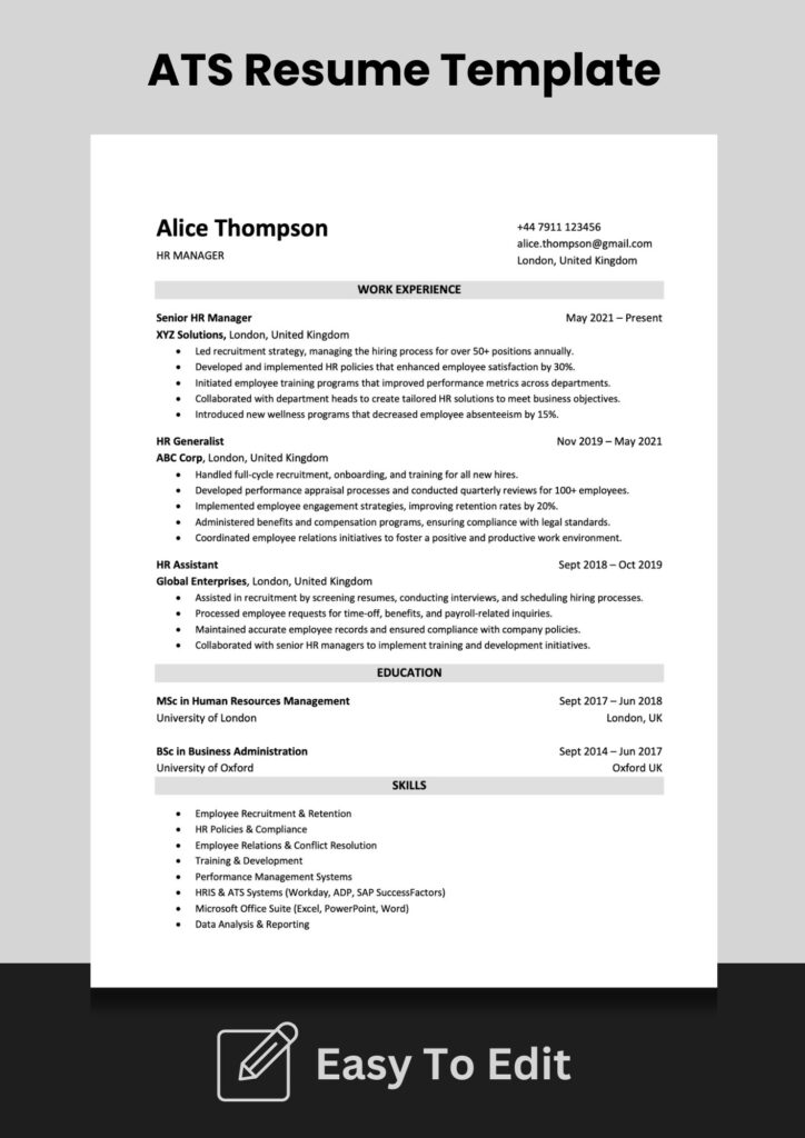 ATS Friendly HR MANAGER Resume Template