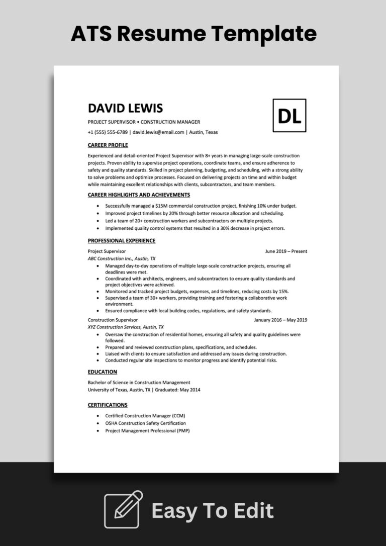 Ats Friendly Project Supervisor Resume Template