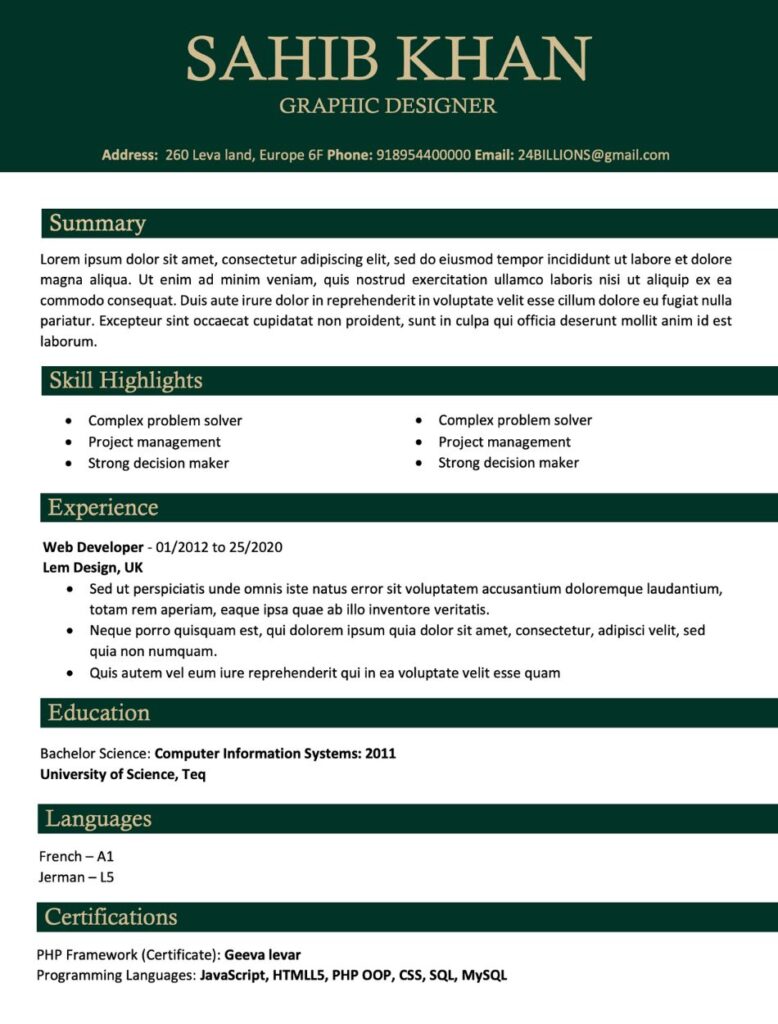 ats resume Template | PDF MS World Resume Download