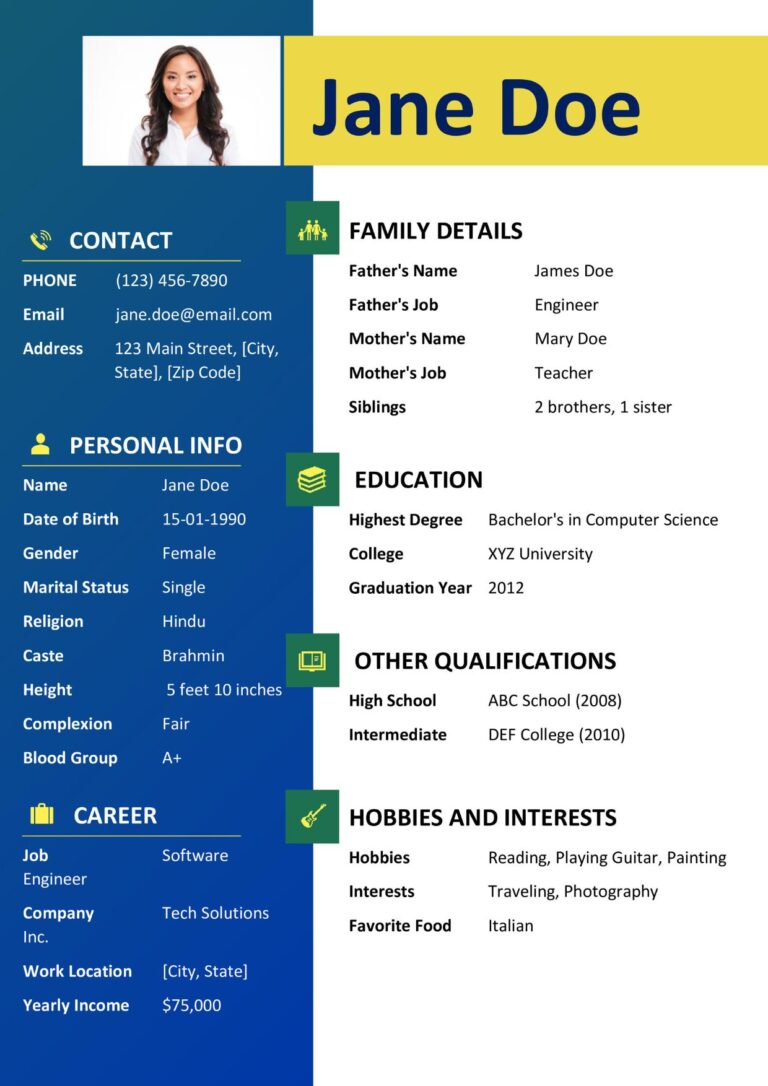 Marriage Biodata Format in Word | Marriage Biodata Template