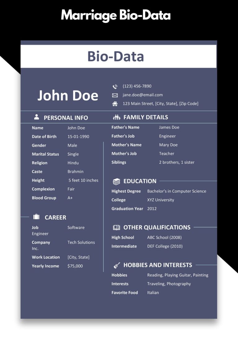 Sample for Biodata for Marriage | BioData Template for Marriage