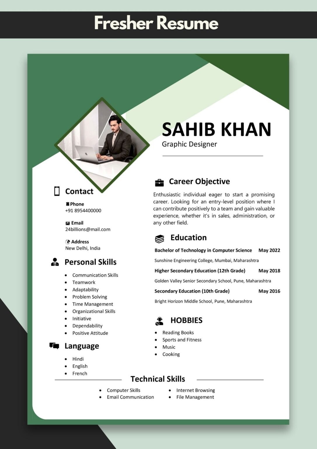 Examples of Freshers Resume Cv for Fresher Samples