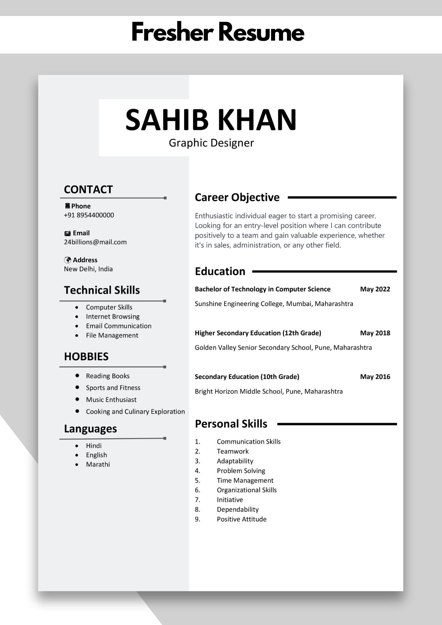 Fresher Resume Template | Fresher Resume Template Word/pdf