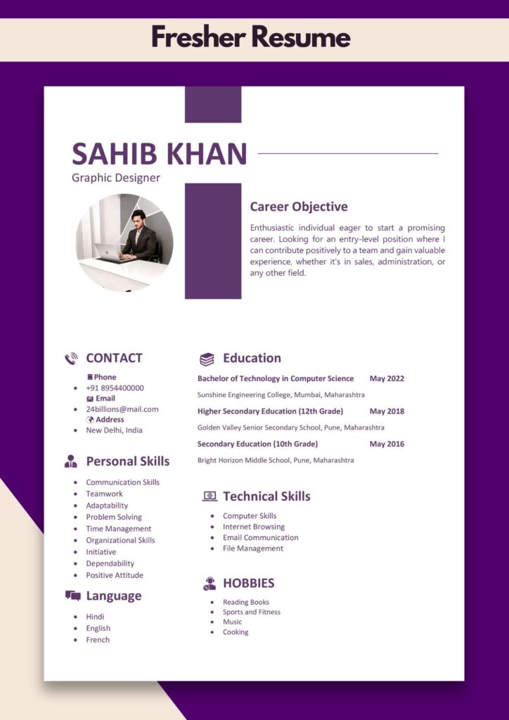 resume format for job fresher b.com fresher