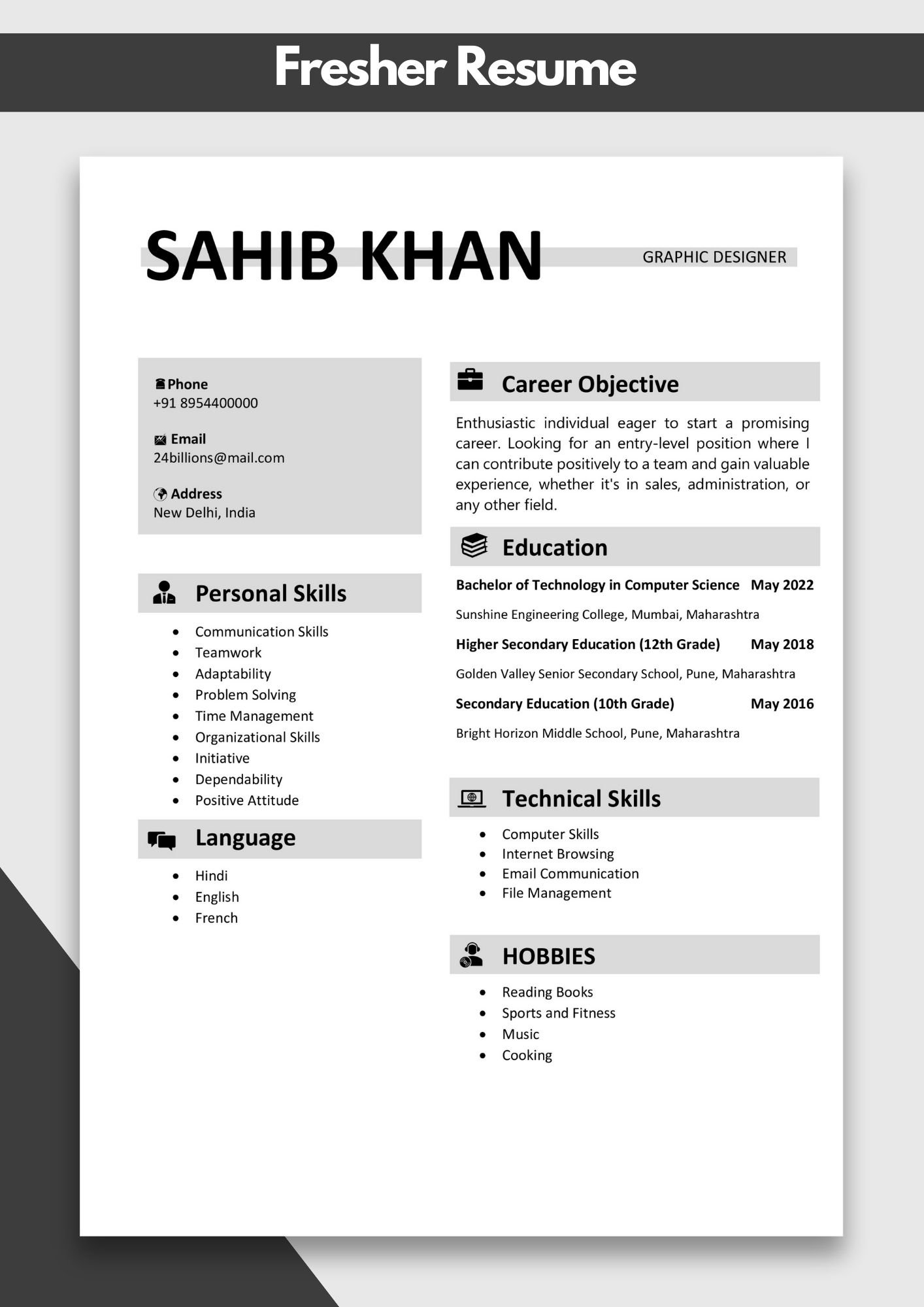 Resume for Fresher Sample | Fresher Resume Examples