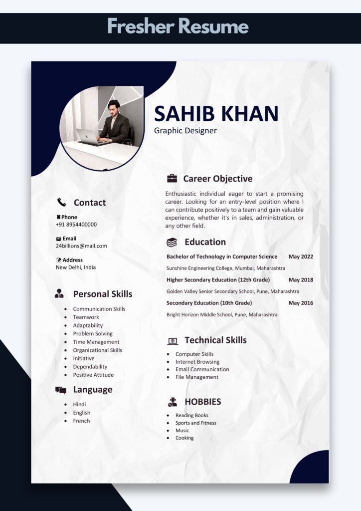 Resume of a Fresher Format Resume for Fresher