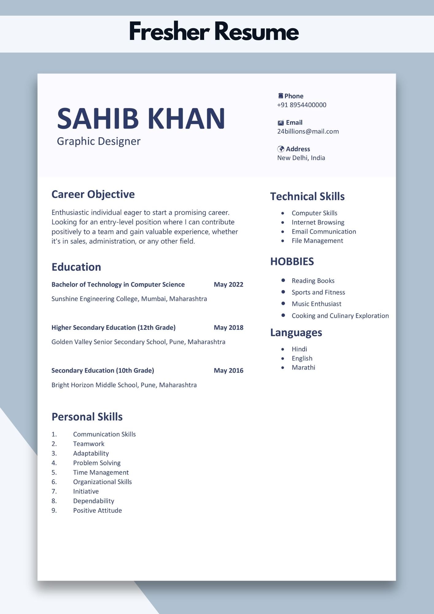 Sample Format of Resume for Fresher