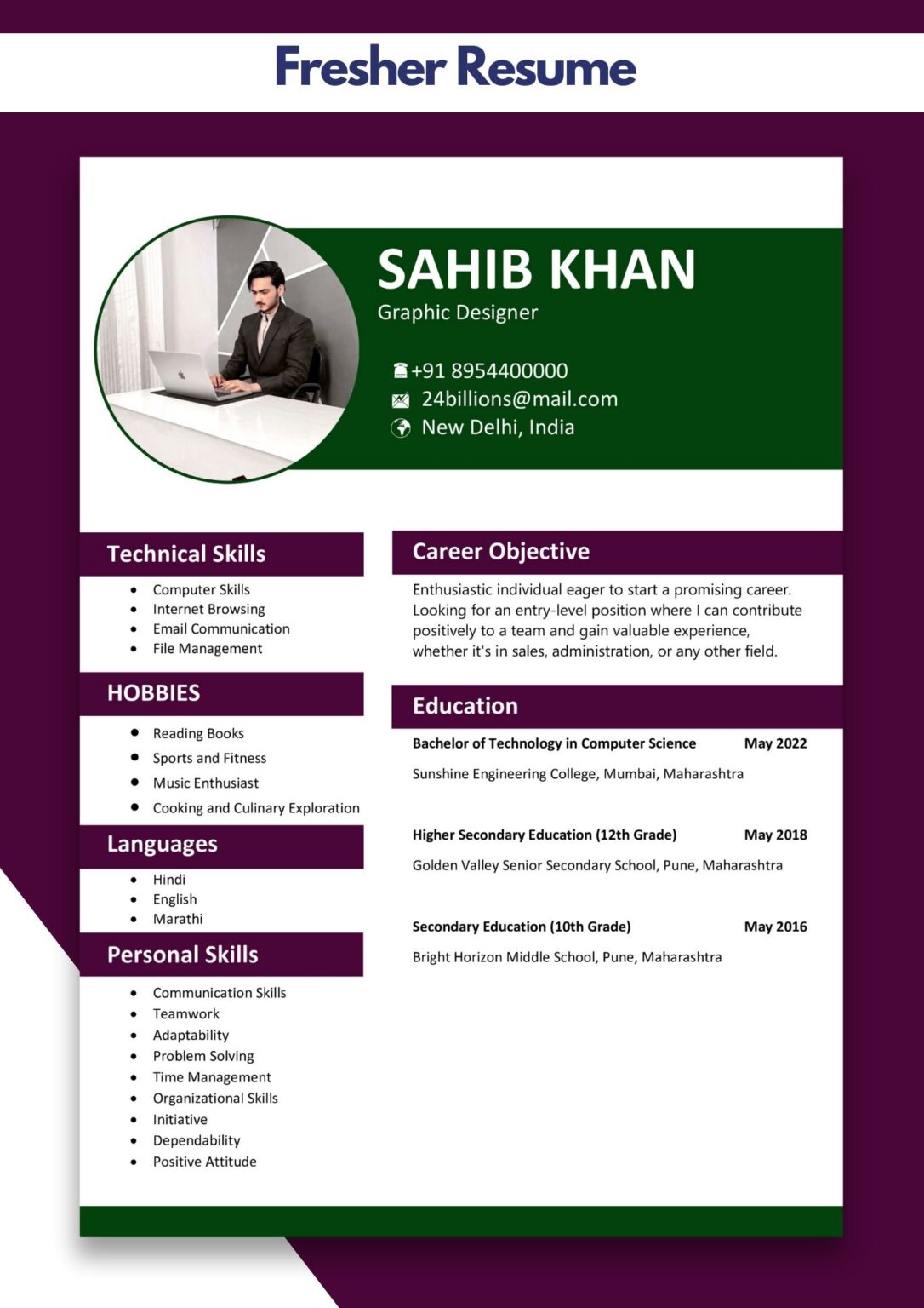 For Fresher Resume Format | Resume for Fresher Format