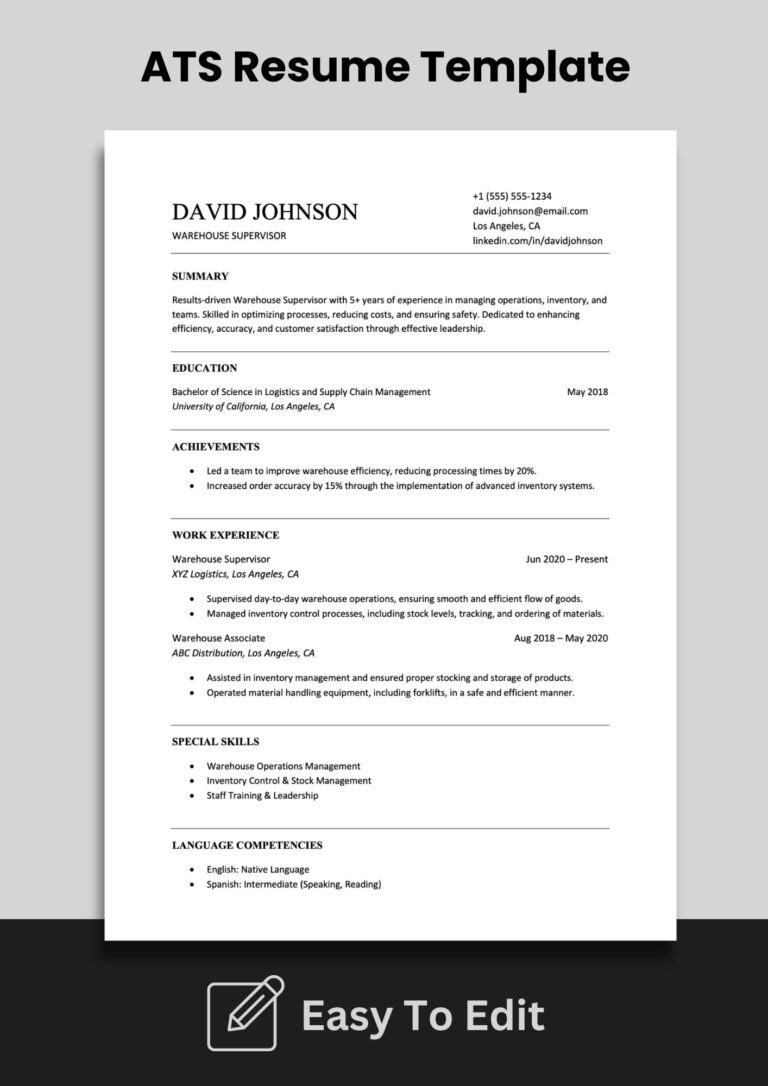 ATS Friendly WAREHOUSE SUPERVISOR Resume Template