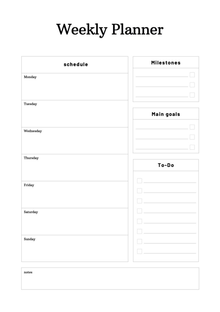 Black & White Blank Weekly Planner Template – Printable PDF with Milestones and Goals
