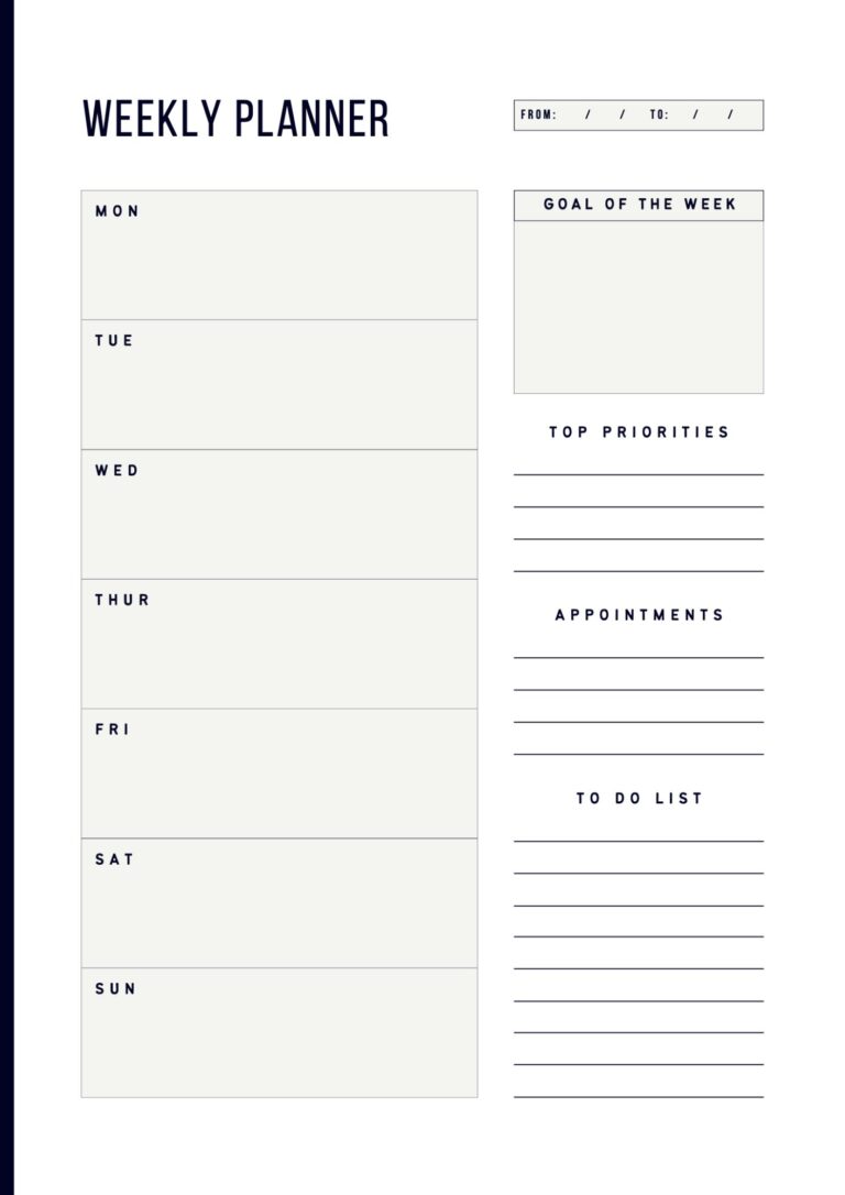 Simple Weekly Planner Template with Goals & Priorities – Printable PDF