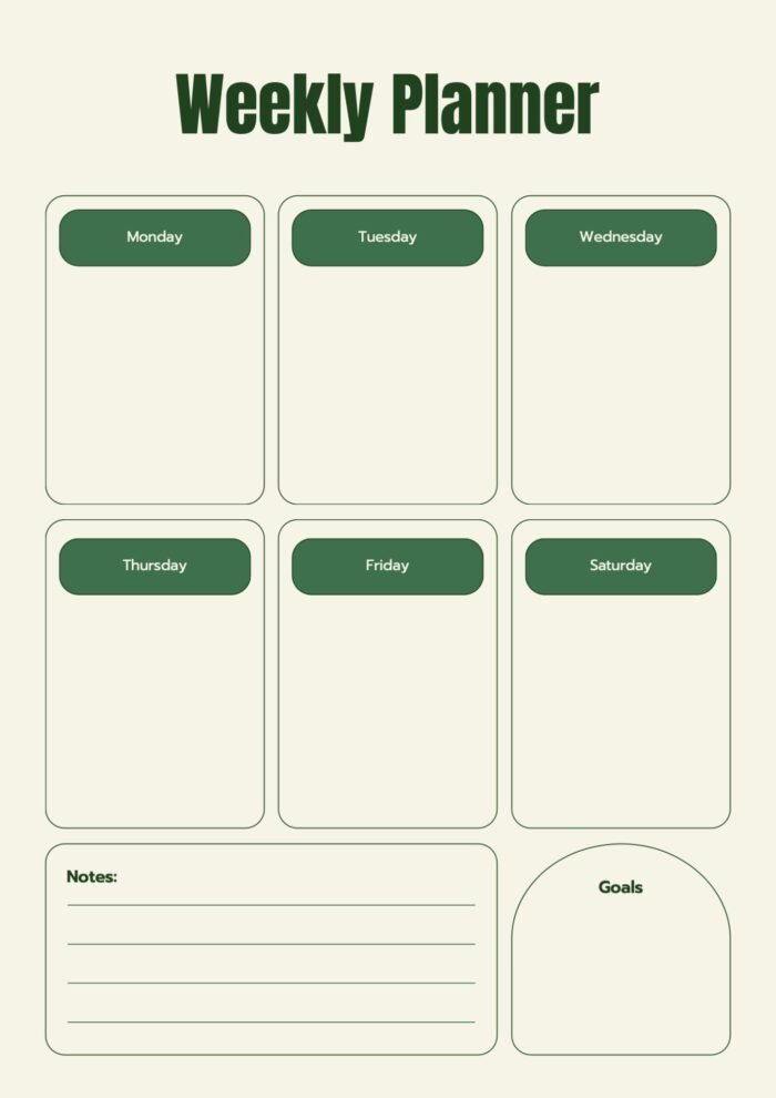 Weekly Planner Template – Printable PDF with Goal and Notes Sections