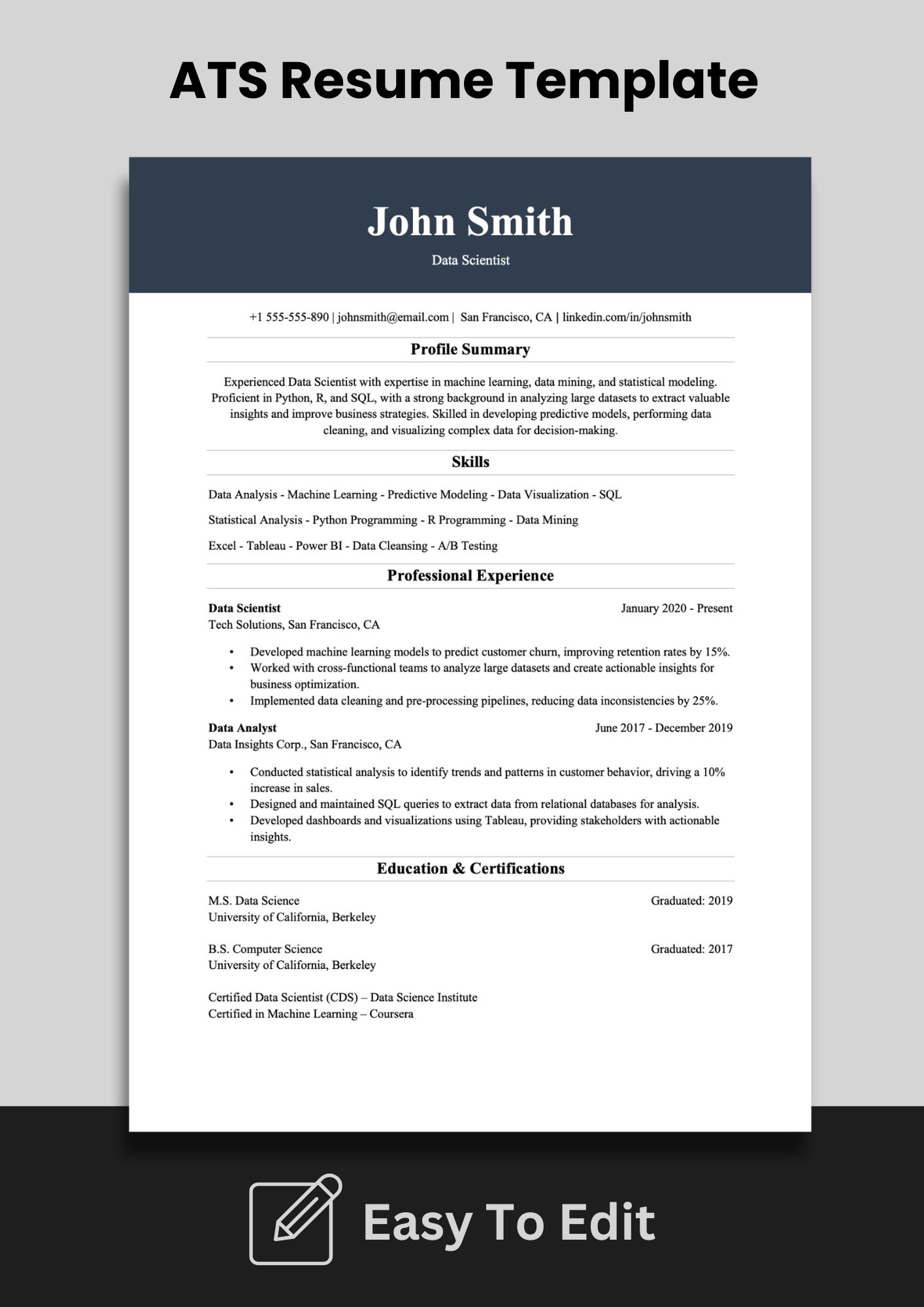 ATS Friendly Data Scientist Resume Template