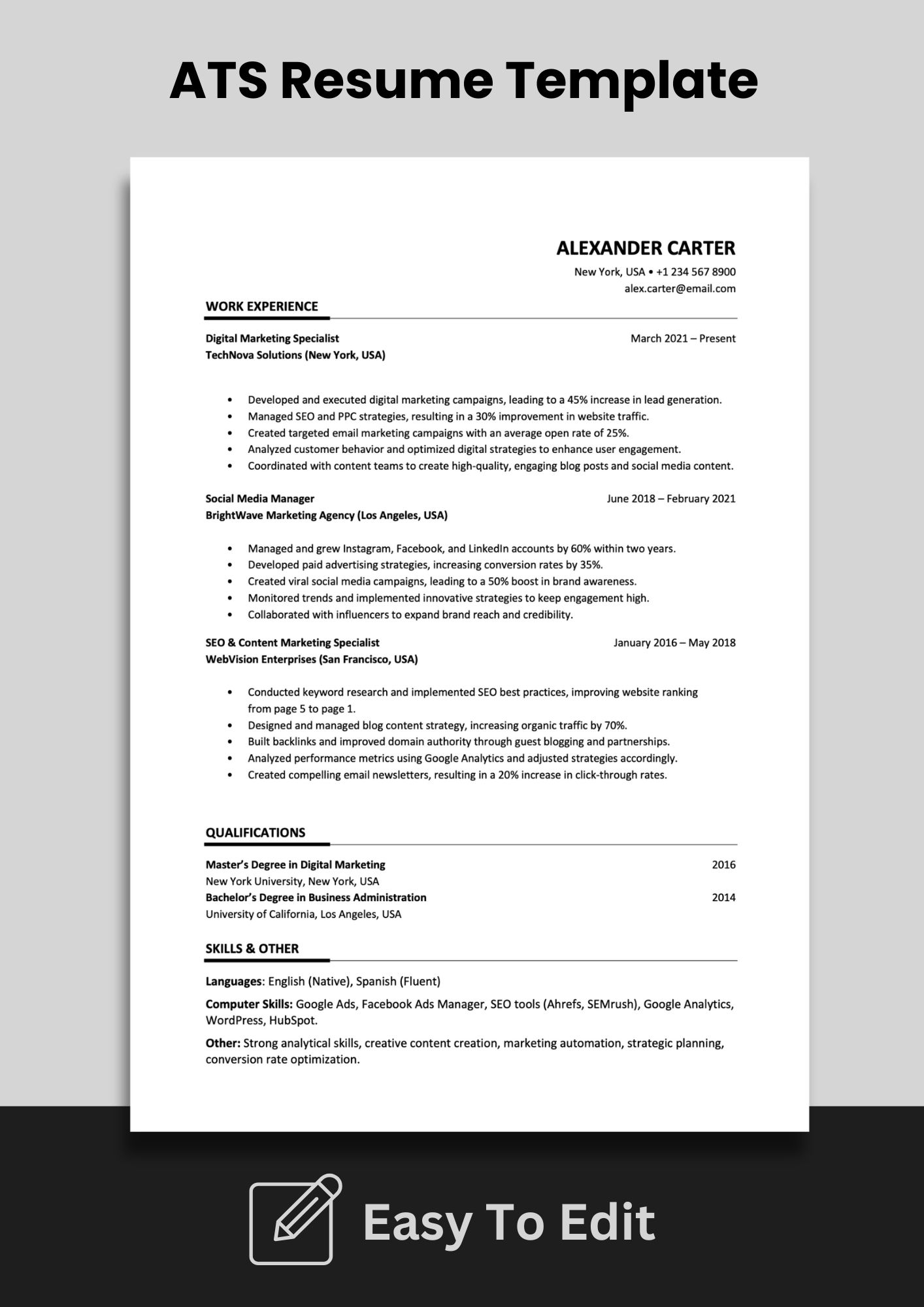 ATS Friendly Digital Marketing Specialist Resume Template