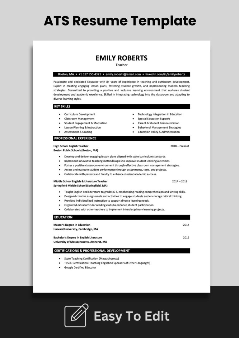 ATS Friendly Teacher Resume Template