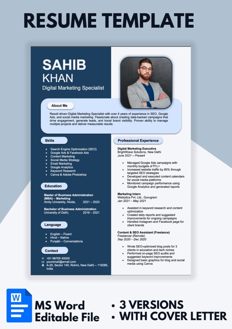Resume Template Ms Word with Cover Letter, 1 Page Cv Template Ms Word + 2 page resume for Ms Word, Resume Professional