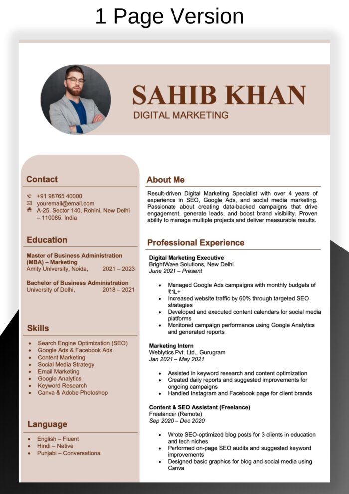 Modern Resume Template 3 page – Coffee Brown & Warm Beige Colors - Resume Template Word 1 page