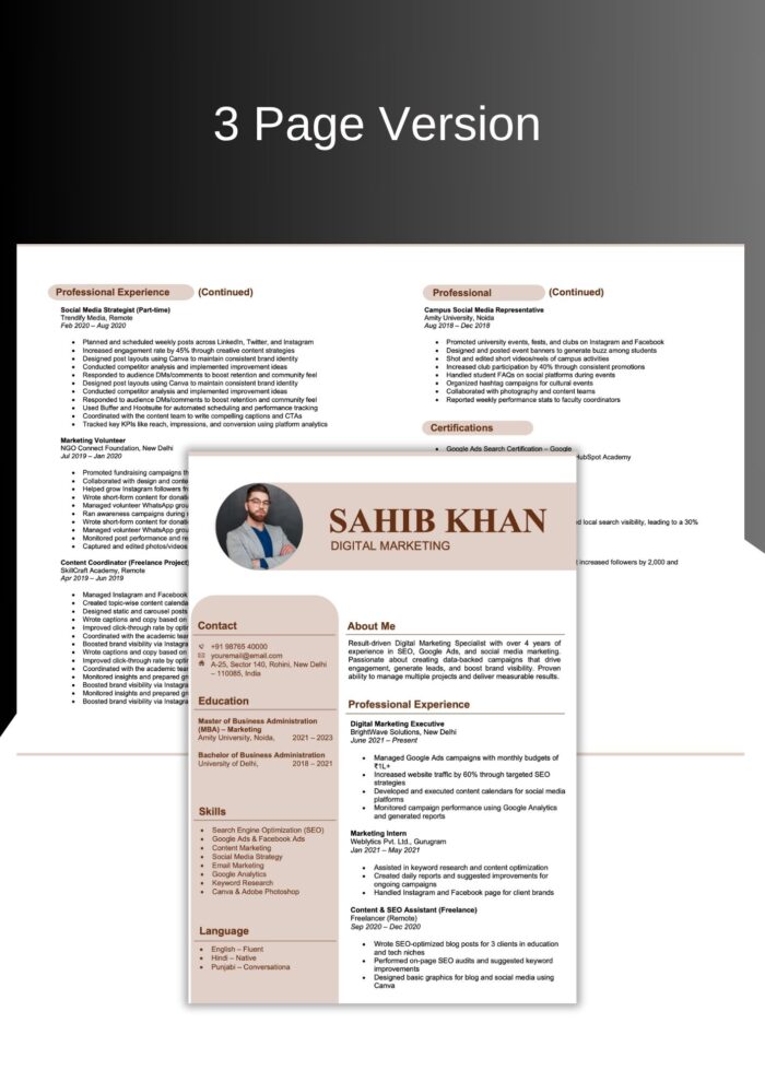 Modern Resume Template 3 page – Coffee Brown & Warm Beige Colors - Resume Template Word 3 pages