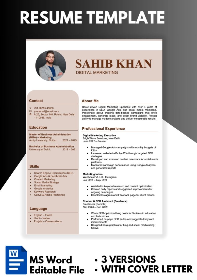Modern Resume Template 3 page – Coffee Brown & Warm Beige Colors - Resume Template Word thumbnail