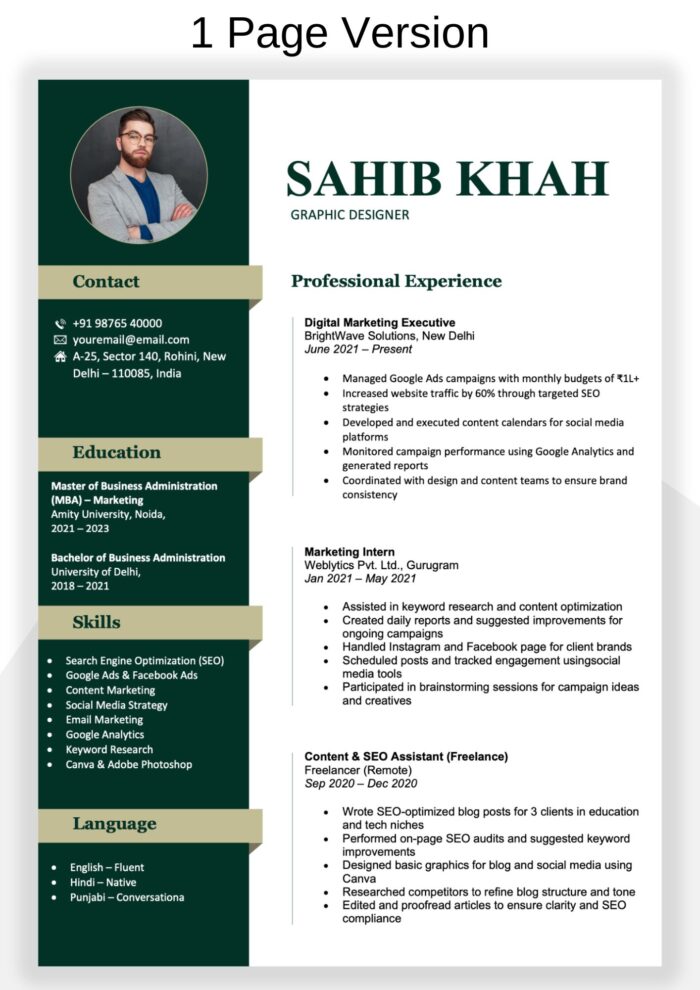 Modern Resume Template Download in Word – Elegant Design in Dark Green & Sage Colors 1 page