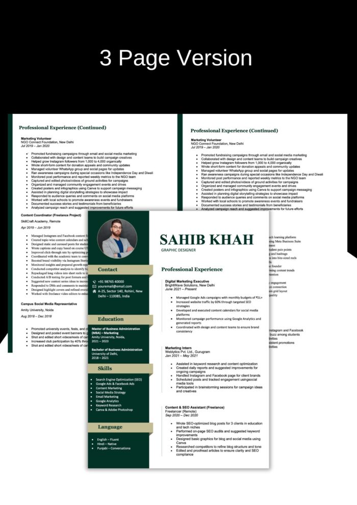 Modern Resume Template Download in Word – Elegant Design in Dark Green & Sage Colors 3 pages