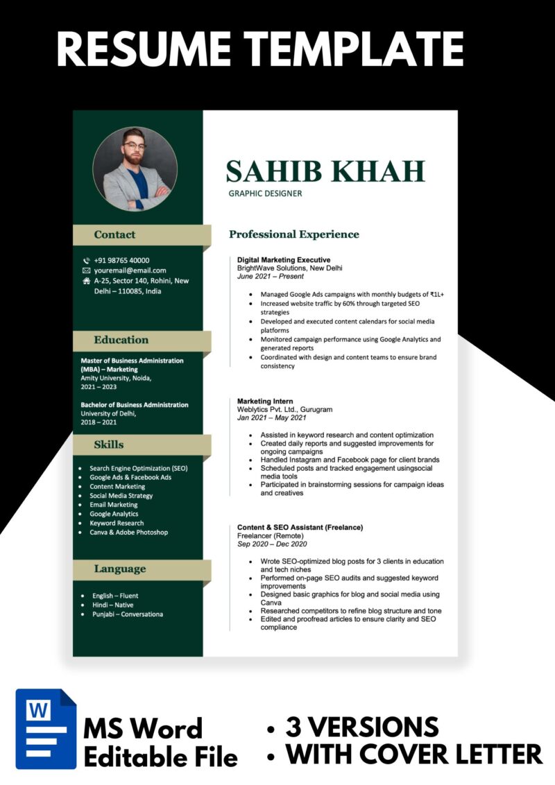 Modern Resume Template Download in Word – Elegant Design in Dark Green & Sage Colors thumbnail