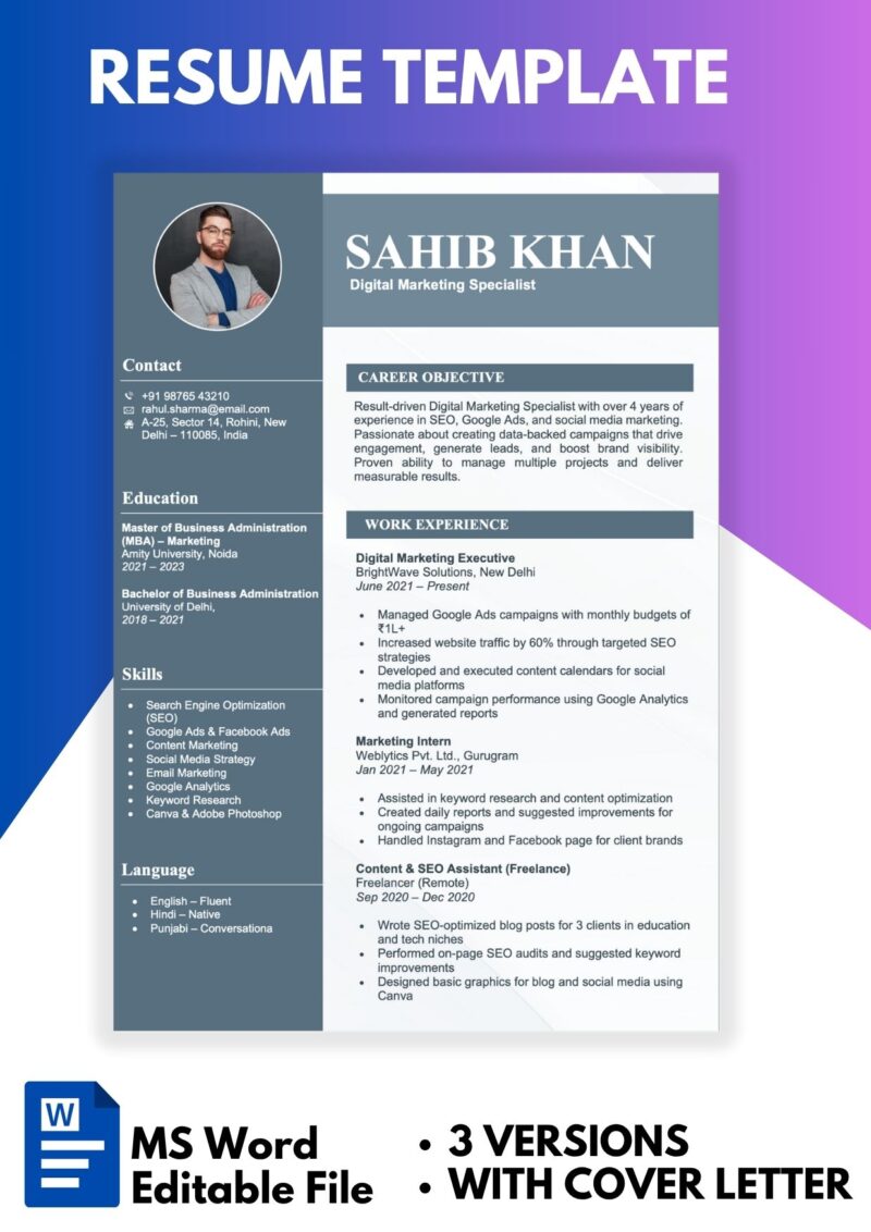 Modern Resume Template Word 3 Pages + Cover Letter Grey Colour Resume Format thumbnail