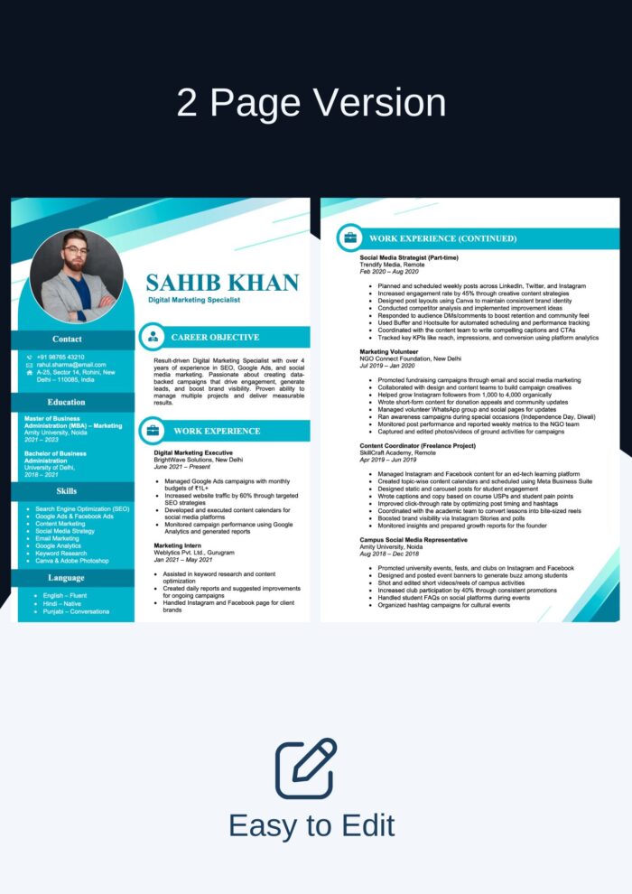 Download Resume Template in Ms Word - Editable Resume Format 3 Pages + Cover Letter