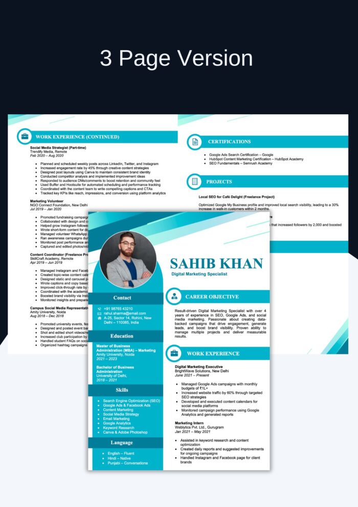 Download Resume Template in Ms Word - Editable Resume Format 3 Pages + Cover Letter