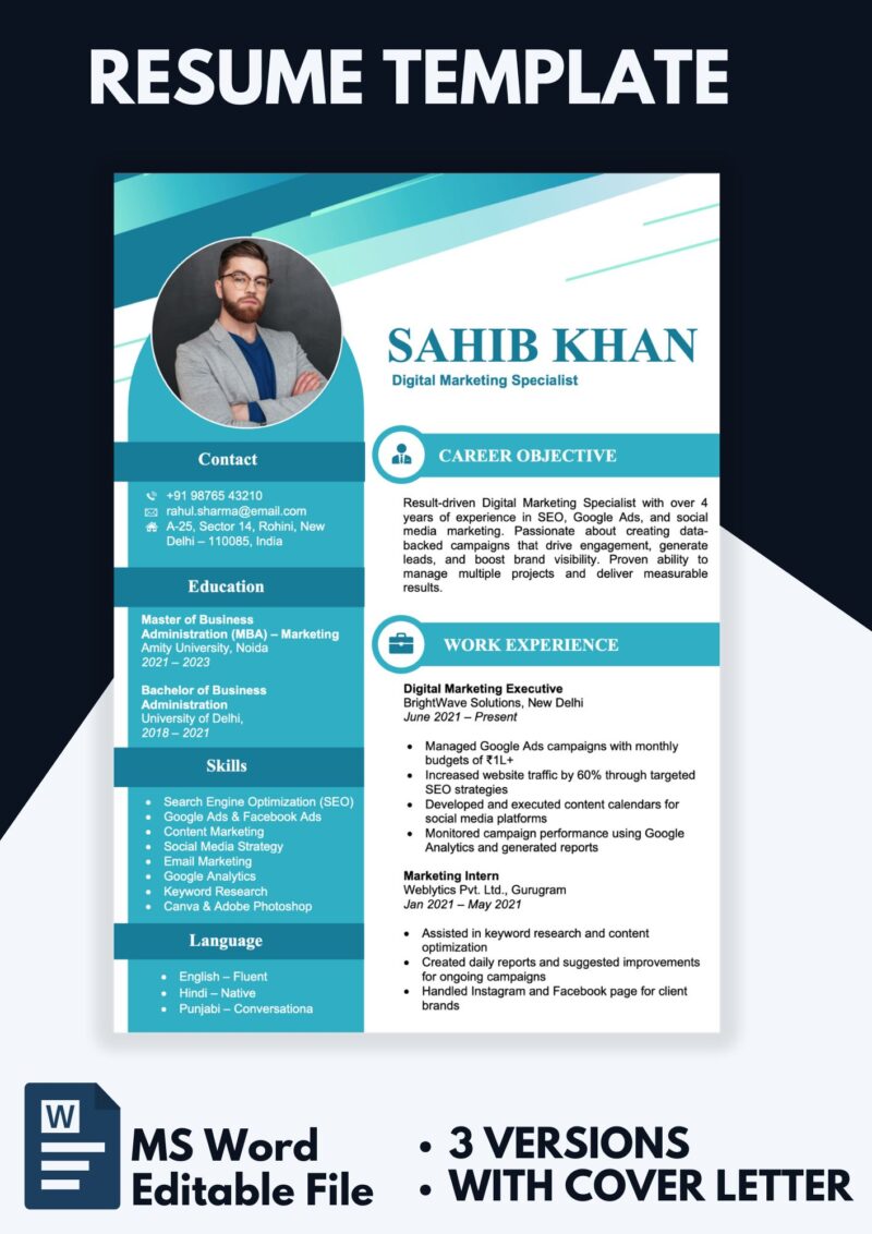 Download Resume Template in Ms Word - Editable Resume Format 3 Pages + Cover Letter