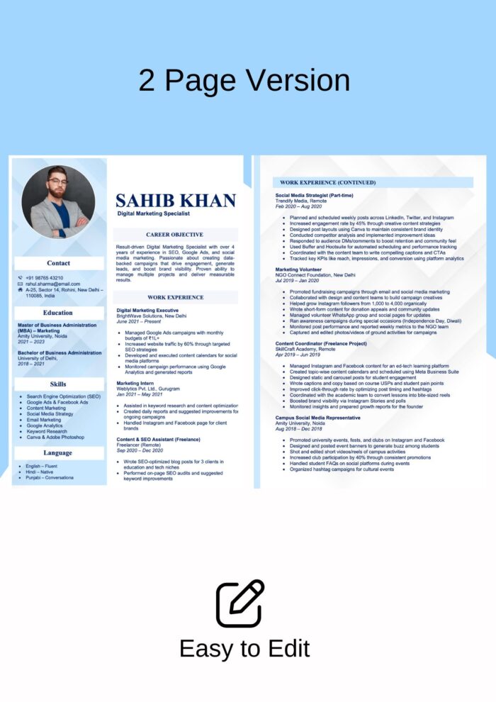 Resume Format in Word For Freshers & Experienced with cover Letter Sky Blue colour Resume Template 2 page