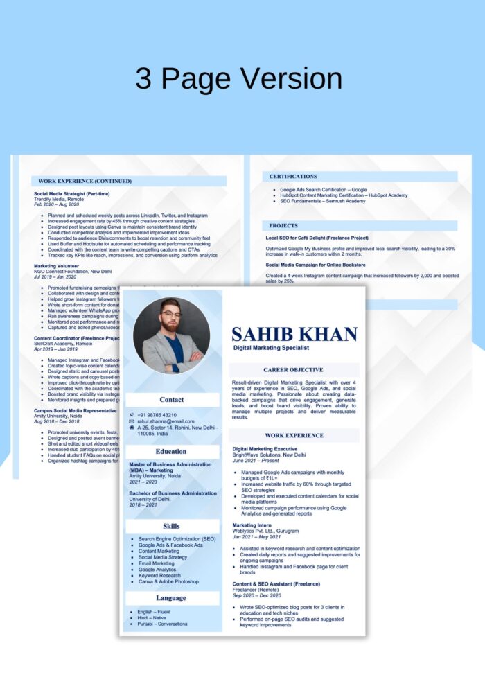 Resume Format in Word For Freshers & Experienced with cover Letter Sky Blue colour Resume Template 3 pages
