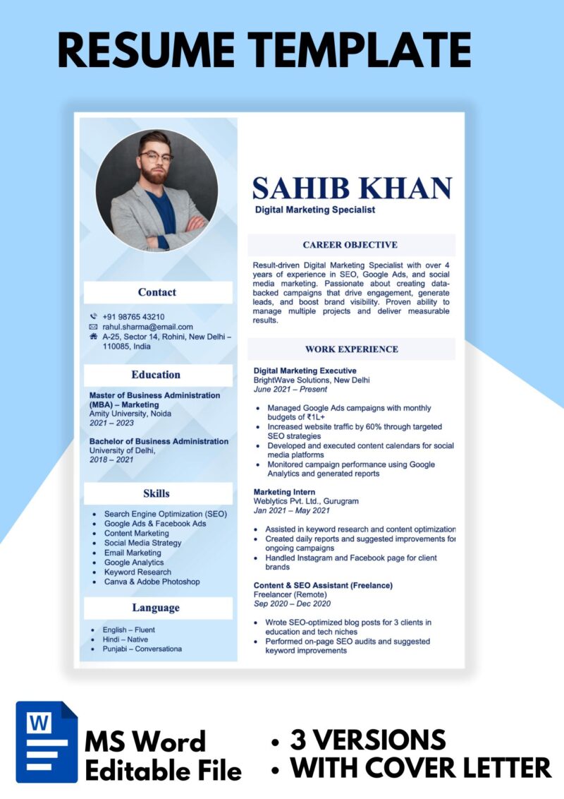 Resume Format in Word For Freshers & Experienced with cover Letter Sky Blue colour Resume Template