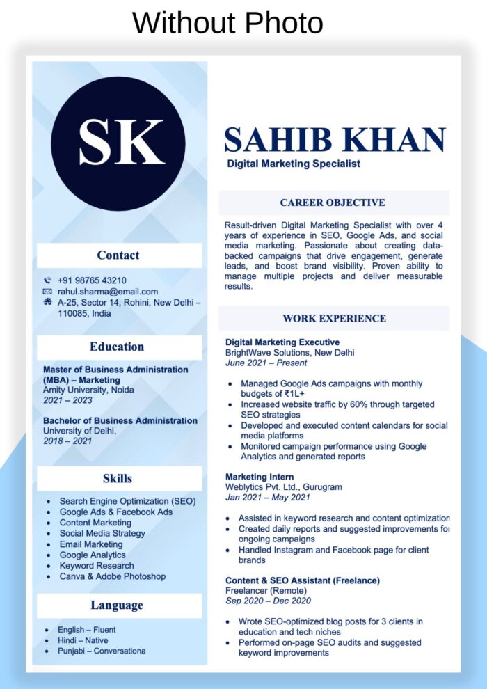 Resume Format in Word For Freshers & Experienced with cover Letter Sky Blue colour Resume Template without photo