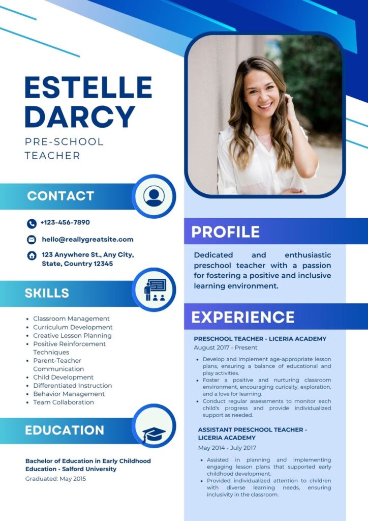 Blue and White Gradient Modern Pre-School Teacher Canva Resume Template