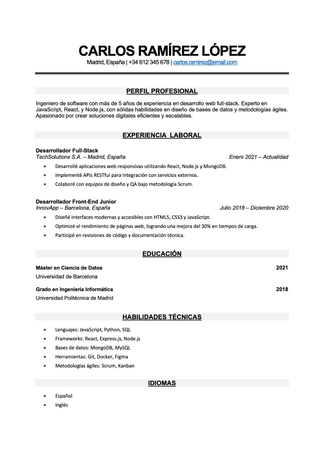 Curriculum Vitae Plantilla Creativa – Ejemplo Perfecto para Descargar Gratis