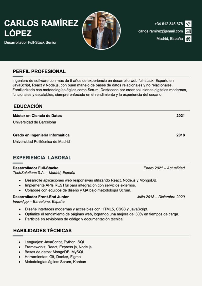Curriculum Vitae Plantilla con Ejemplo de Experiencia Laboral y Educación