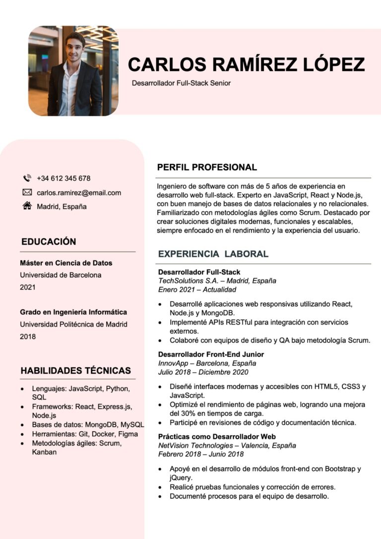 Curriculum Vitae Plantilla con Secciones Claras – Ejemplo Profesional Completo