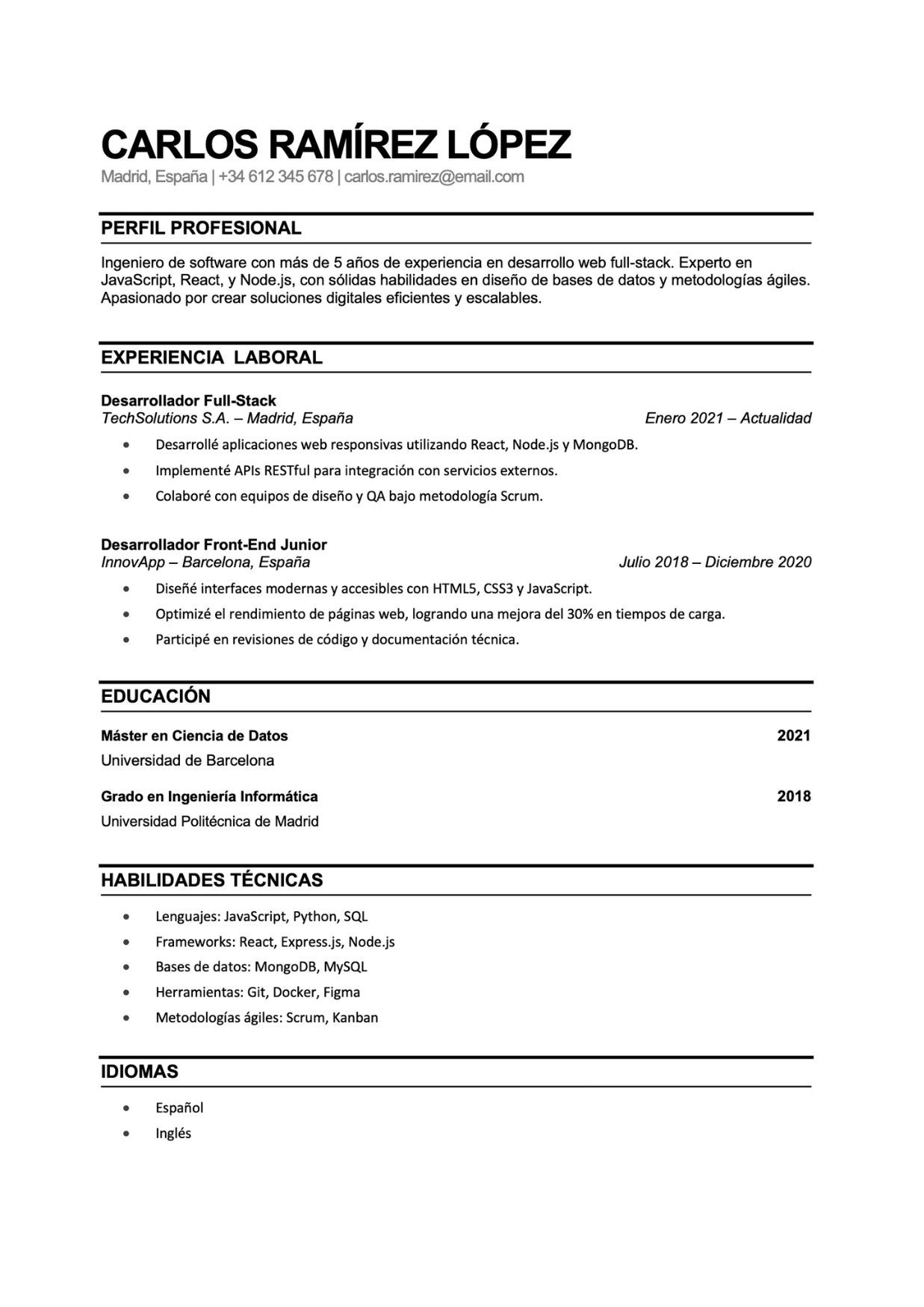 Curriculum Vitae Plantilla en Word con Habilidades Profesionales