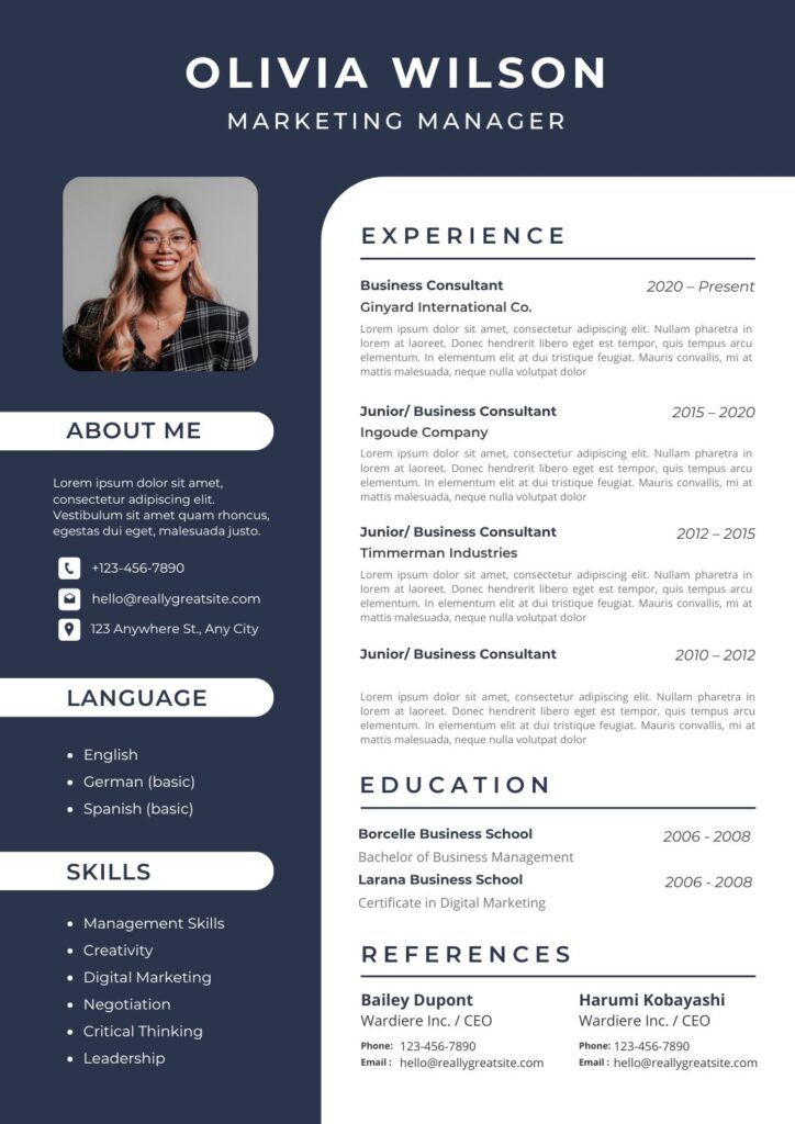 Dark Blue and White Minimalist Canva Resume Template