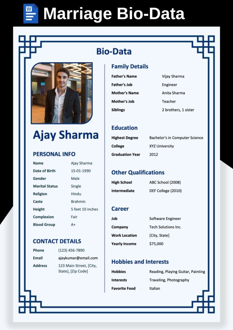 Matrimony Biodata Format in Word & PDF Editable Templates