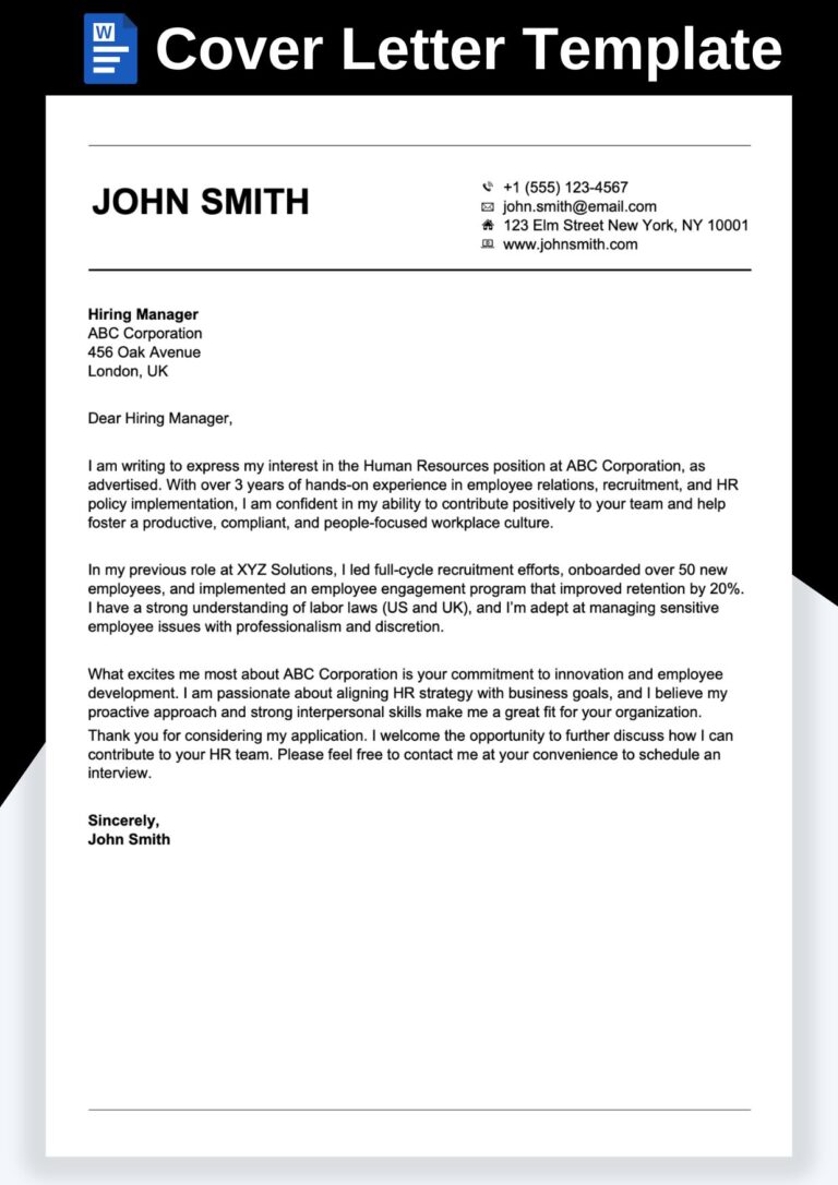 Sample Cover Letter for Job Application – Free & Customizable Word File