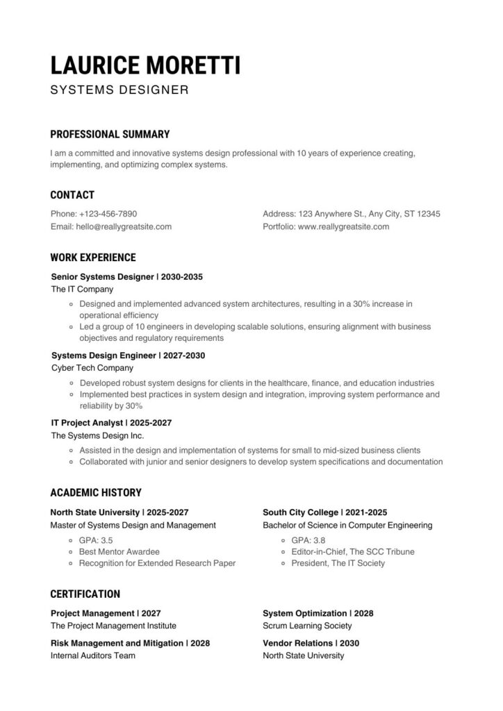 Systems Design Canva Resume Template in White Black Simple Style
