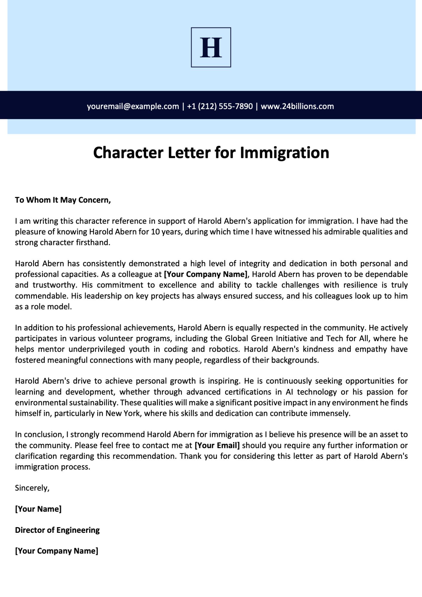Character Letter for Immigration Template