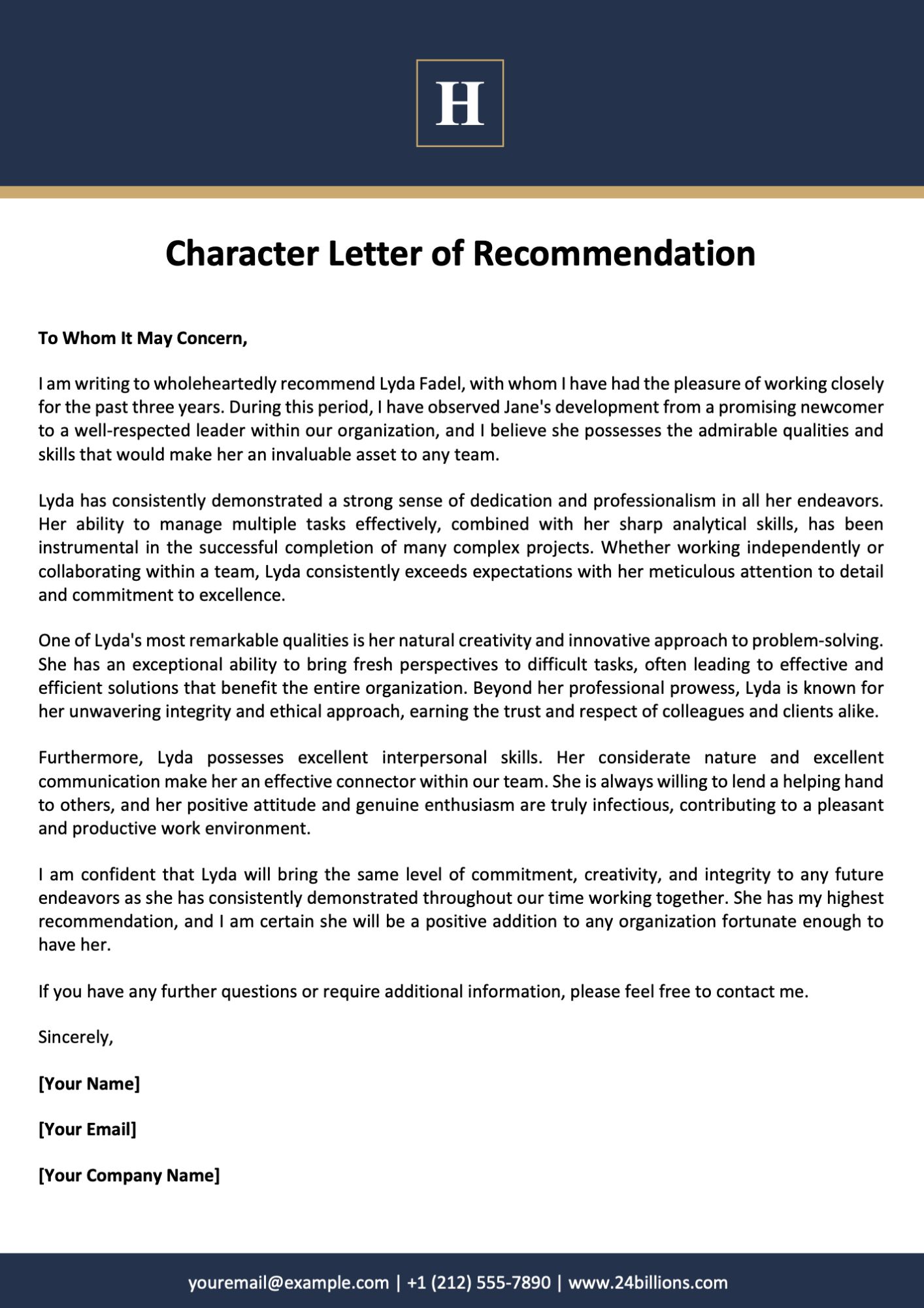 Character Letter of Recommendation Template