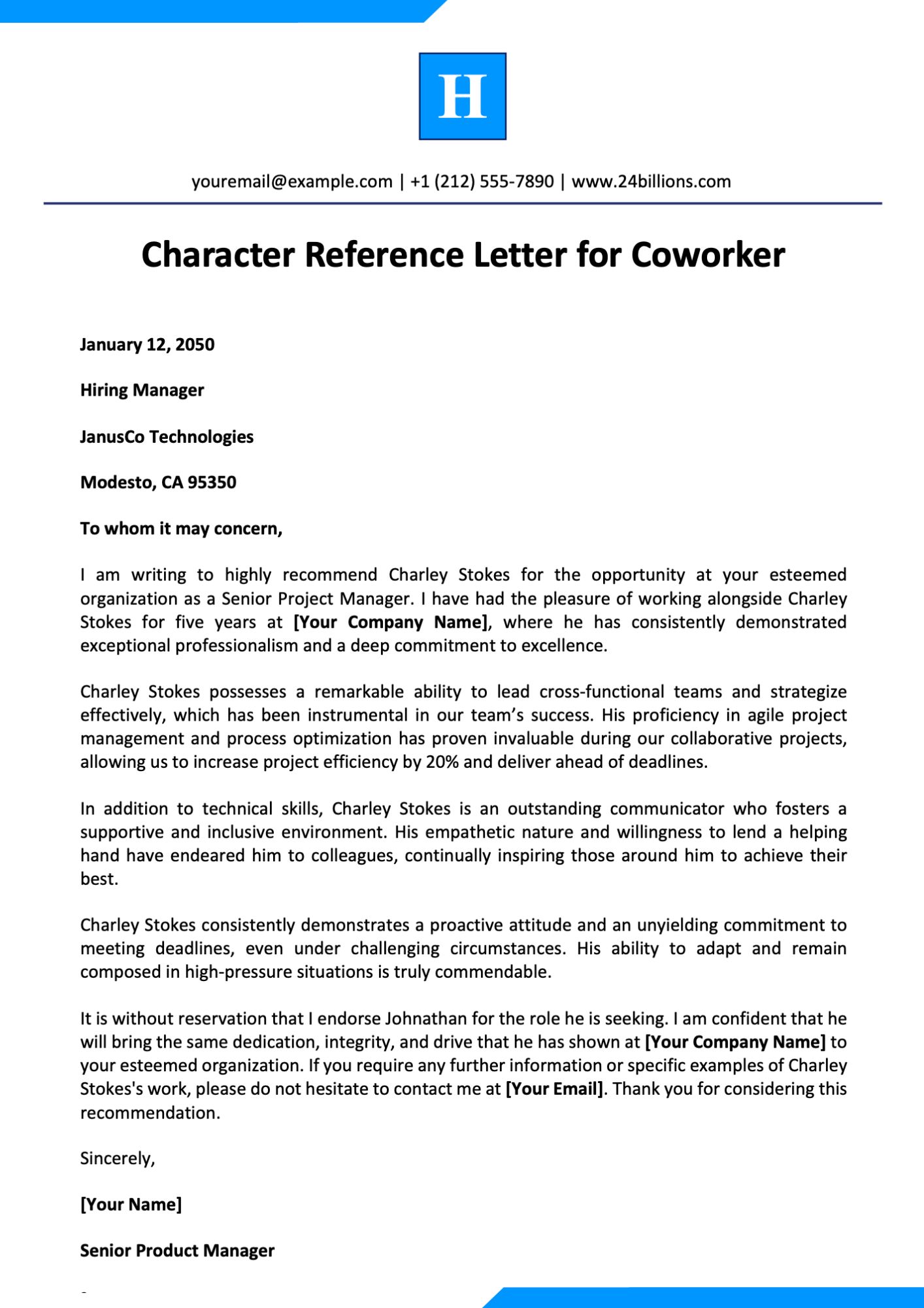Character Reference Letter for Coworker Template
