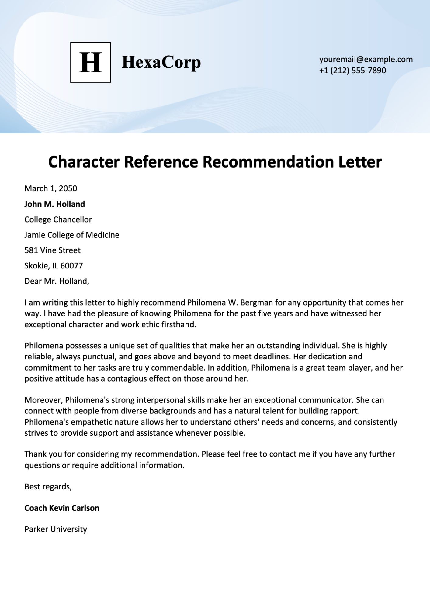 Character Reference Recommendation Letter Template
