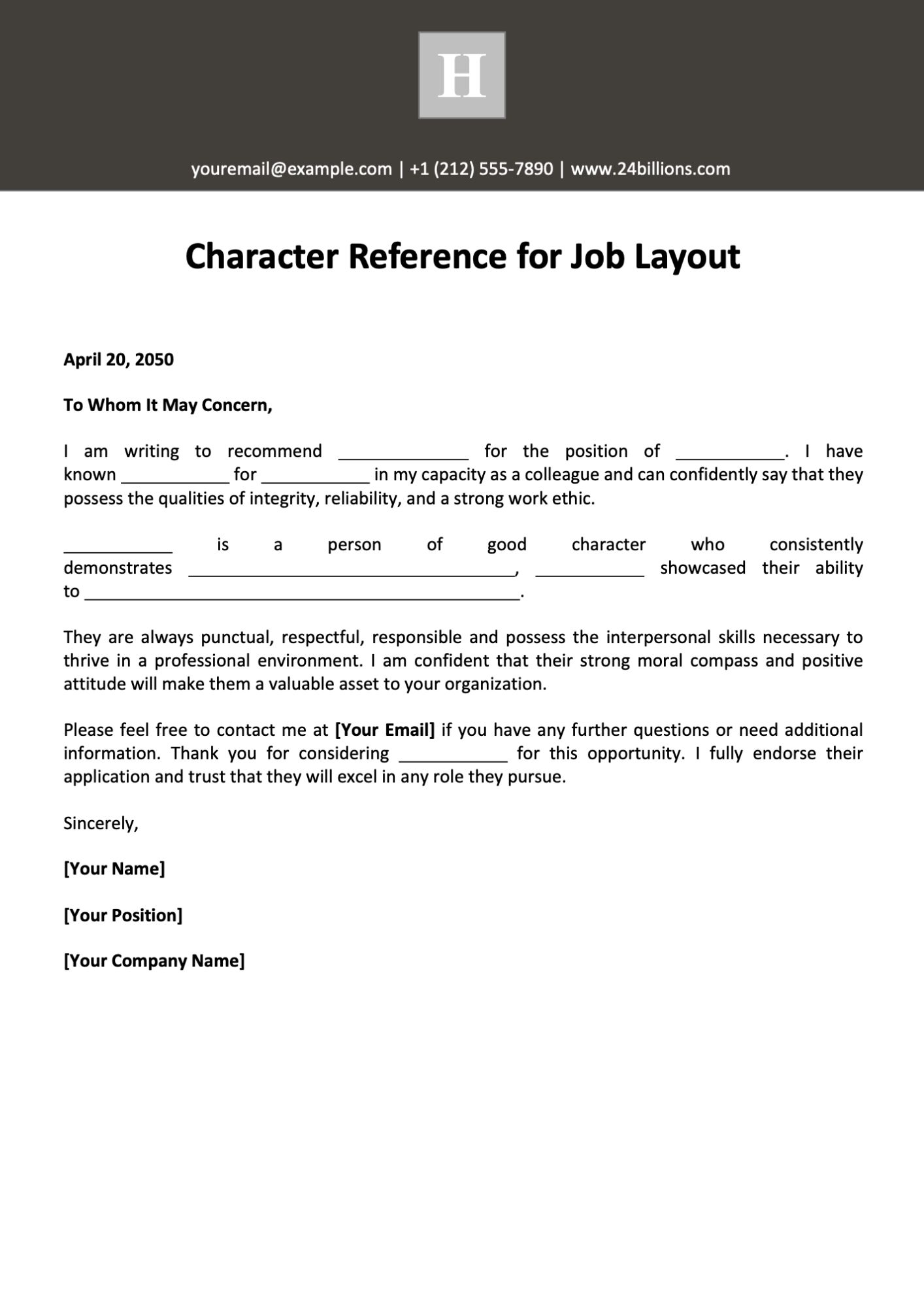 Character Reference for Job Layout Template