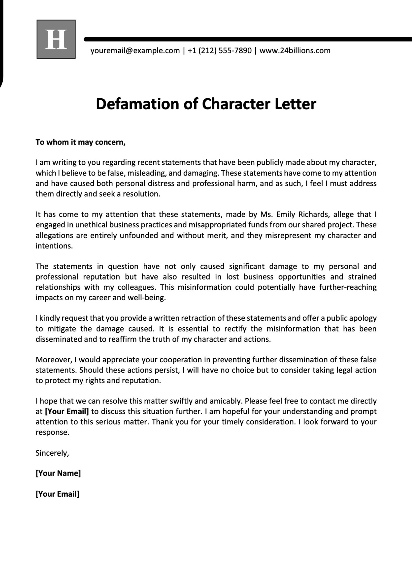 Defamation of Character Letter Template
