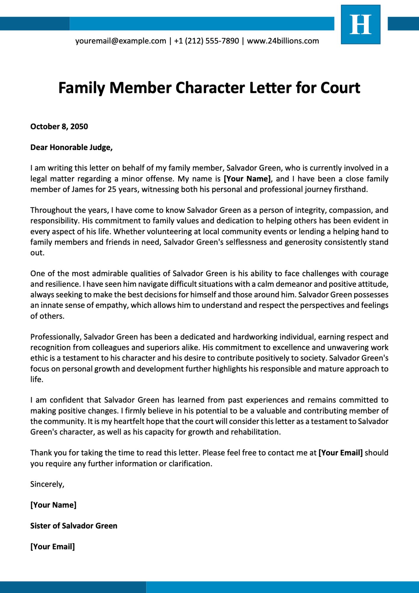 Family Member Character Letter for Court Template
